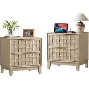 COLAMY Night Stand Set of 2, Nightstand with Charging Station, 22" Modern Bed Side Table with 2 Storage Drawers and Chessboard Relieffor Bedroom, Dorm and Small Spaces - Oak