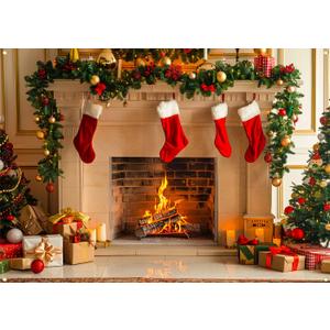 Christmas Backdrop 7x5 ft Fireplace Photography Background, Durable Polyester Xmas Banner for Holiday Party Decor, Family Photo Studio Winter Props