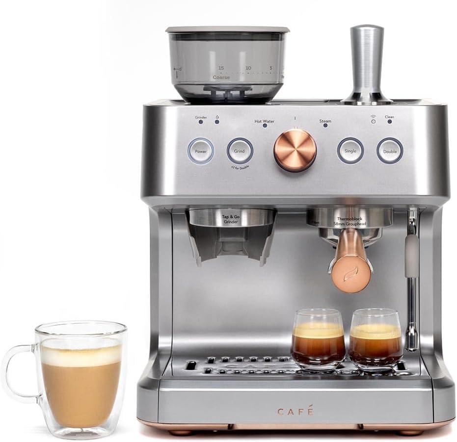 Caf Bellissimo Semi Automatic Espresso Machine + Milk Frother | WiFi Connected, Smart Kitchen Essentials | Built-In Bean Grinder, 15-Bar Pump & 95-Ounce Water Reservoir | Steel Silver