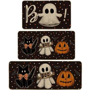 Artoid Mode Bats Black Cats Boo Pumpkin Halloween Kitchen Mats Set of 3, Home Decor Low-Profile Kitchen Rugs for Floor - 17"x29"+17"x36"+17"x47"