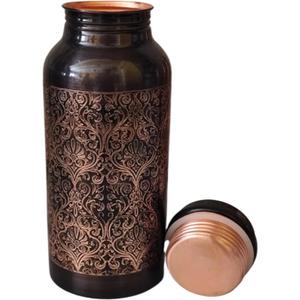 Embossed Copper Water Bottle 17 Oz with Lid, Ayurvedic Water Bottle, Water Vessel - Small -Leak Proof - Antique Finish