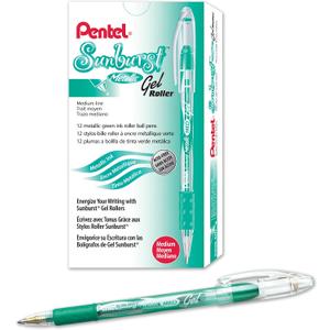 Pentel Sunburst Metallic Gel Pen, 0.8mm Tip Writes 0.4mm Line, Green/Transparent Barrel Green Ink, Box of 12 (K908-MD)