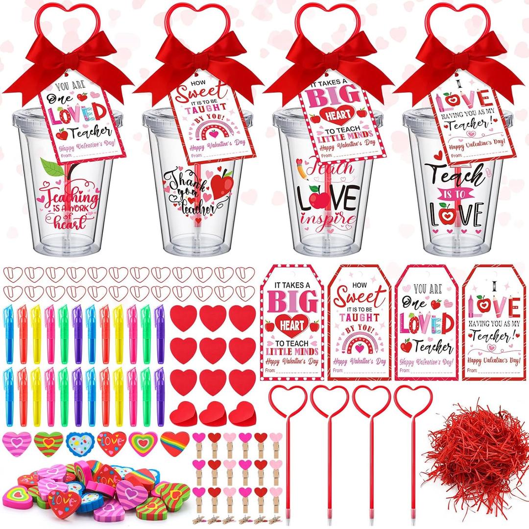 111 Pcs Valentine's Day Teacher Appreciation Gifts Set Plastic Tumblers Bookmark Clips Erasers Pin with Clips Pin Highlighter Pen Sticky Notes Bow for Valentines Thank You Teacher Gifts