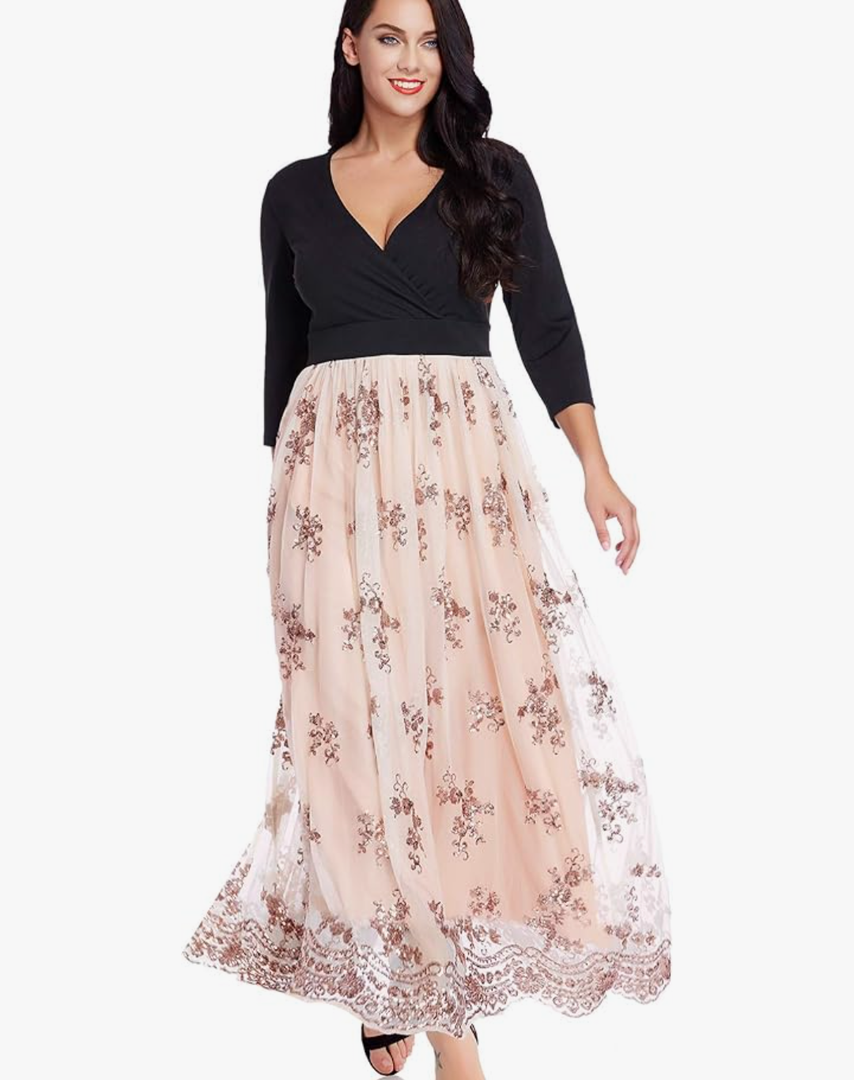 GRAPENT Women's Plus Size Sequin 3/4 Sleeves Evening Gown Party Long Maxi Dress 3XL