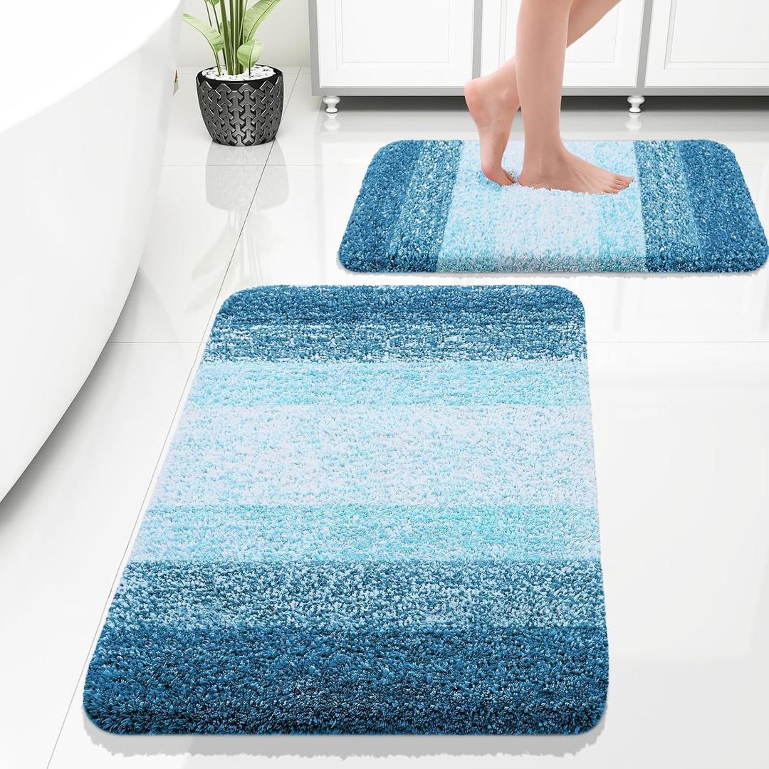 OLANLY Bathroom Rug Set 2 Piece, Soft Absorbent Microfiber Bath Rug Set, Non-Slip, Machine Wash Dry, Plush Shaggy Bath Mats for Bathroom (30"x20"+24"x16", Peacock Blue)