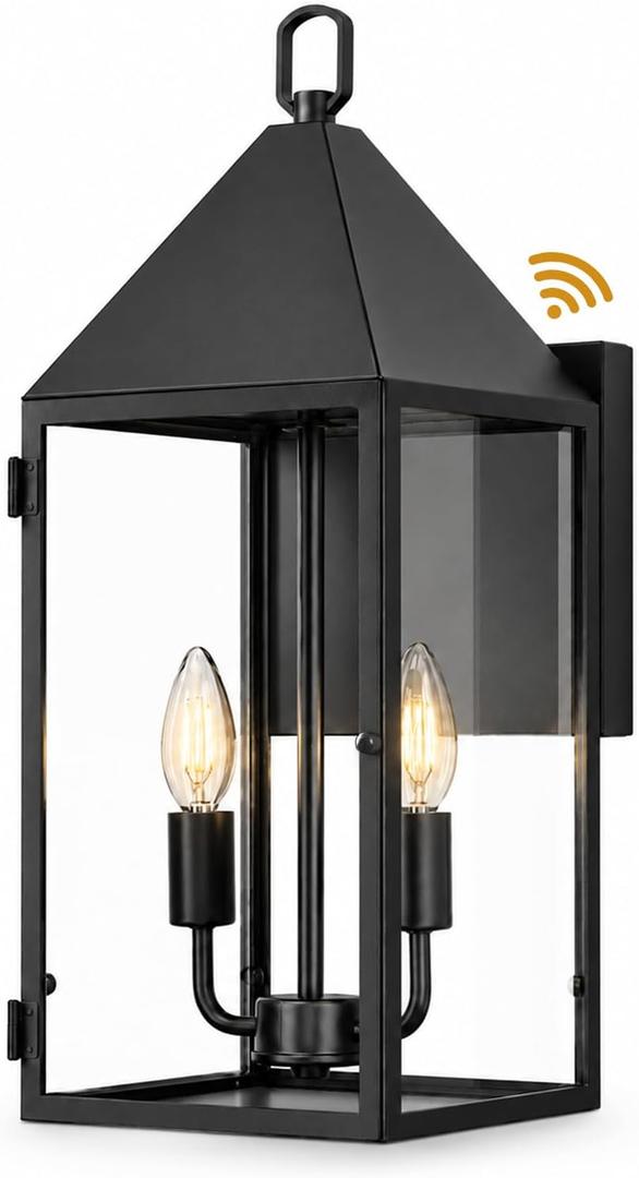 FFHH 18" H Large Outdoor Wall Lantern Sconce Dusk to Dawn Dual-Head Outdoor Light Fixtures Matte Black Metal and Tempered Glass for Villa Garage Farm Exterior Proch Light