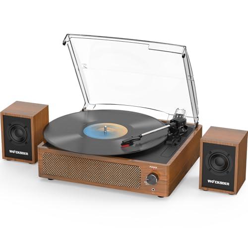 Record Player with External Bookshelf Speakers Belt-Drive Vintage Turntable for Vinyl Records Passive Dual Stereo Speakers LP Players 3 Speed Wireless AUX Headphone Input Auto Stop Retro Brown Wooden