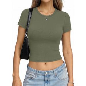 EasyGala Womens Cotton Ribbed Crop Top Crew Neck Short Sleeve Shirt Fitted (Green, L)