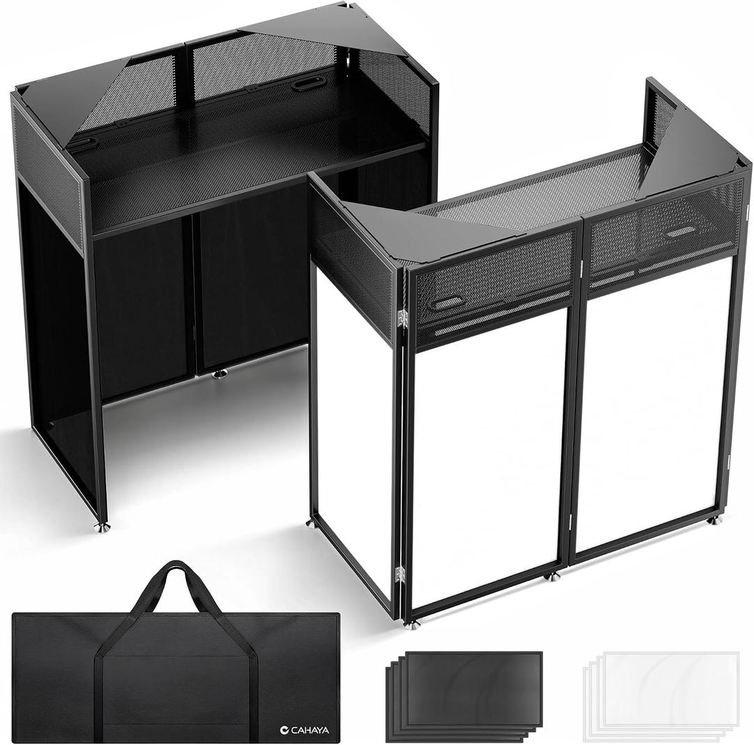 CAHAYA DJ Booth Stand Portable – DJ Table Facade for Laptop & Controller Double Top Corners Black & White Scrims for Lighting Easy Setup Foldable Storage with Bag 40"L x 20"W