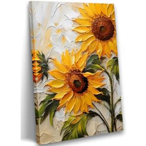 Sunflower Canvas Wall Art, 2D No Texture Sunflower Painting Poster, Yellow Flower Wall Decor, Simple Flower Picture for Wall Living Room Bathroom Bedroom Home Decoration 16*24 in ( Stretched Canvas on A Wooden Frame)