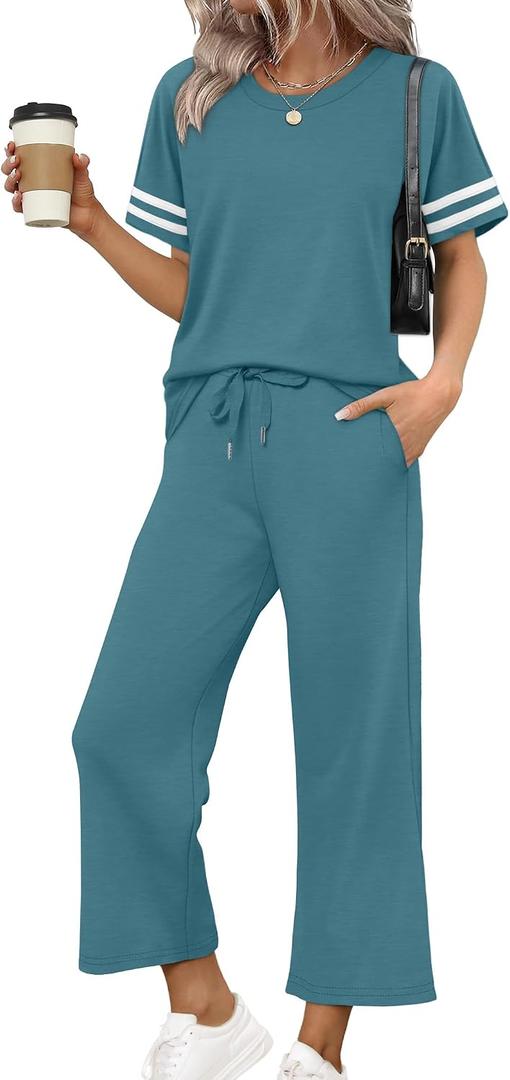 WIHOLL Two Piece Sets for Women Summer Outfits Lounge Sets Short Sleeve Tops Wide Leg Pants Vacation Travel Outfits (Blue, L)
