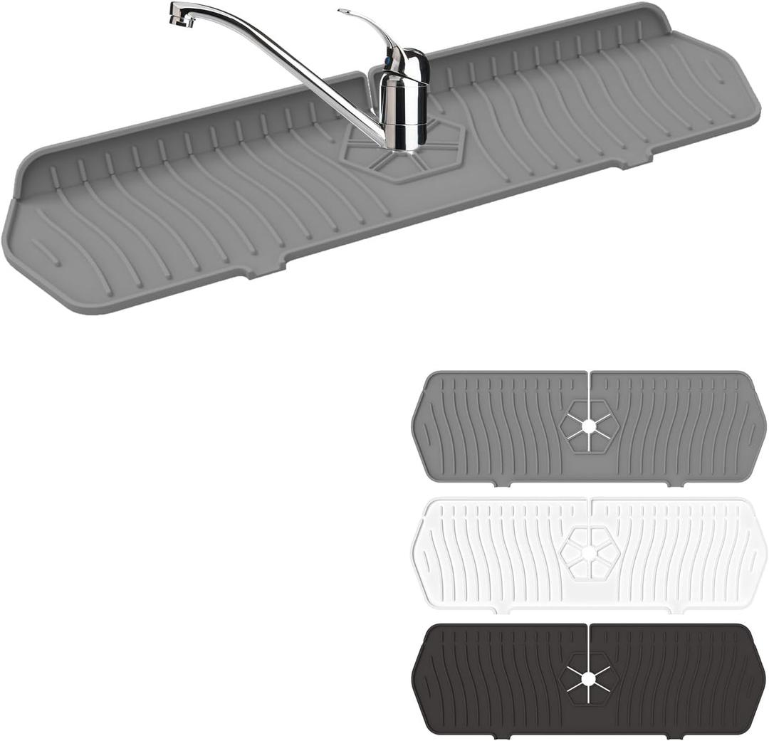 Sink Drain Mat Behind Faucet,Faucet Guard Draining Mat, 90 Foldable Tap Draining Mat for Kitchen Sink with 2 Water Ports, Faucet Drain Mats for Kitchen, Bathroom, etc (Gray, 17.7"*5.78")