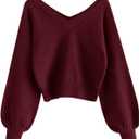 ZAFUL Women's Raglan Long Sleeve Double Side V Neck Short Crop Sweater Casual Loose Fit Knit Top Sweaters (Red)