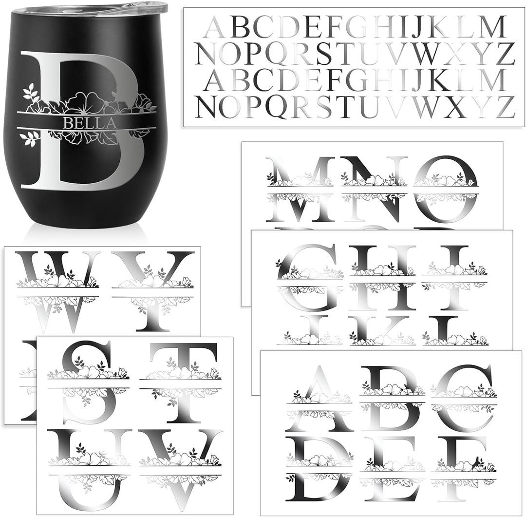 Janlaugh 10 Sheets Waterproof Split Letter Stickers Personalized Name Stickers for 30 40 oz Tumbler Water Bottle Floral Monogram UV DTF Cup Wraps Alphabet Letter Decals for Glass Cup Laptop(Silver)