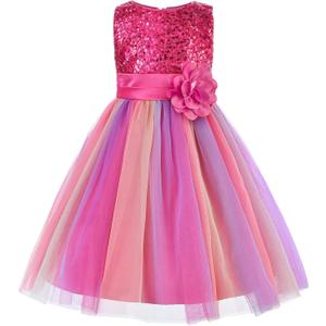 Uhnice Little Girl's Sequin Sleeveless Mesh Rainbow Dress for Wedding Party (5-6 Years)