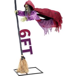 Halloween Animatronics Flying Witch Decorations, 6ft Animated Floating Witch with Sound Activated, Creepy Talking Sound, Mouth Move, Light Up Eyes, Haunted Decor Horror Prop for Outdoor, Yard Lawn
