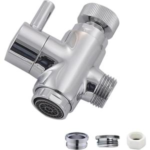 Brass Diverter Valve with Aerator, 3 Way Splitter with Male Thread Adapter, 360 Swivel Faucet Adapter for Sink Hose Attachment, Bathroom/Kitchen Faucet Connector (Chrome)