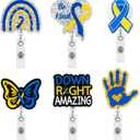 ANGOLIO Down Syndrome Awareness Badge Reels - 6Pcs Retractable Glitter Acrylic Ribbon ID Badge Holder for Nurse Doctor Teacher Student Name Tag Cards World Down Syndrome Day Back to School Gifts