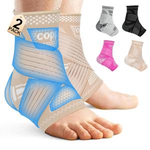 DRNAIETY 2 Pack Copper Ankle Brace for Men & Women - Adjustable Ankle Support Compression Sleeve, for Plantar Fasciitis, Achilles Tendonitis, Foot Pain, Swelling - Everyday Use(Skin Tone,M)