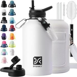 Insulated Water Bottle | Thickened Stainless Steel Vacuum Metal | Portable Sports Half Gallon Large Water Jug for Gym and Hiking with Straw, Carrier Bag, Handle Strap | BPA-Free 64 oz (White)