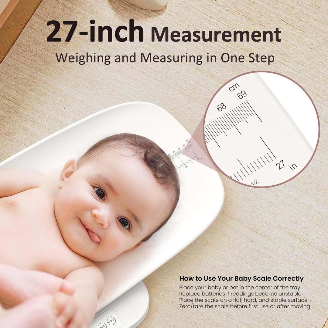 Baby Scale, Multifunctional Baby Weight Scale, Pet Scale for Puppy, Cat, Adult Scale Up to 330lbs, Accurate Digital Scale with Hold Function, 27-inch Height Measurement, 5 Units, LED Screen