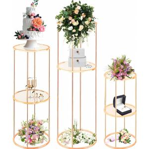 3PCS 2 Tier Round Gold Cake Stand for Party, Tall Metal Pedestal Stands for Display Decoration, Flower, Plant, Birthday, Wedding, Baby Shower, Bridal Shower, Cylinder Column for Desserts
