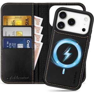 SHIELDON Removable Wallet Case for iPhone 17 Pro 6.3-inch 2025 | Genuine Leather, Folio Magnetic Closure, Wireless Charging, RFID Blocking Card Holder, Kickstand, Shockproof Shell - Retro Black