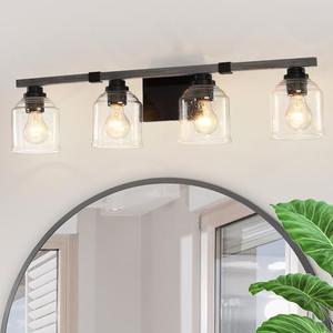 YKLITG 30" Vanity Light for Bathroom,4-Light Black and Gold Bathroom Vanity Light Over Mirror with Clear Glass Shade,Modern Brushed Wall Sconce for Dressing Room,Hallway,Kitchen. (Circle)