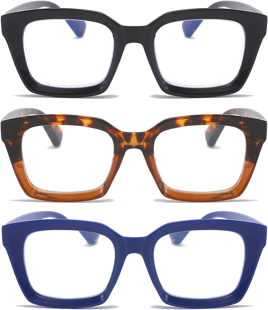 DXYXYO Blue Light Blocking Reading Glasses for Women 1.5 Oversized Computer Readers Retro Fashion Oprah Style Square 3 Pack (Black+leopar+blue)