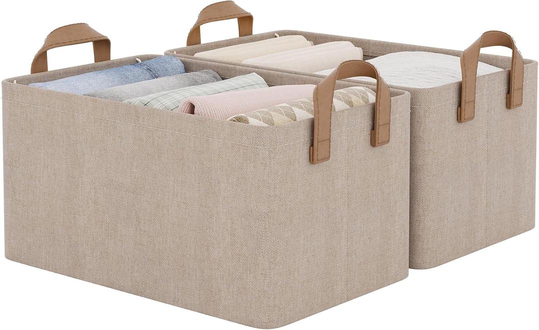 StorageWorks Storage Bins, Fabric Storage Bins for Shelves, Storage Baskets with Metal Frame, Closet Baskets and Bins with Handles, Brown and Beige, 2-Pack (14 " L x 10 " W x 8 " H)