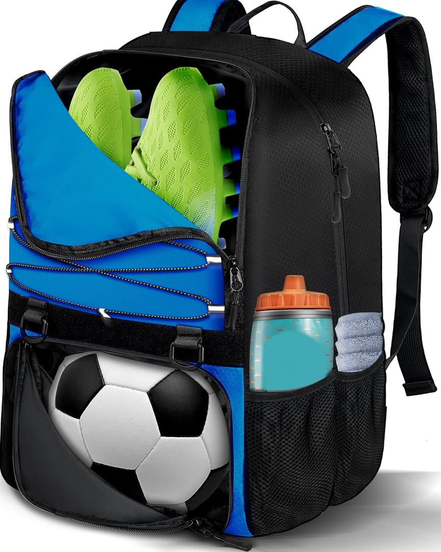 Youth Soccer Bag, Soccer Backpack with Ball Compartment, Sports Equipment Training Bags Fits Basketball Football Volleyball and Accessories, Black (Blue)