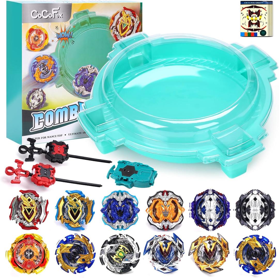 COCOFOX Burst Set, 12 Battling Tops 3 Right-Spin Launcher and 1 Stadium, Toys for 6 Year Old Boys & Girls & Up Green