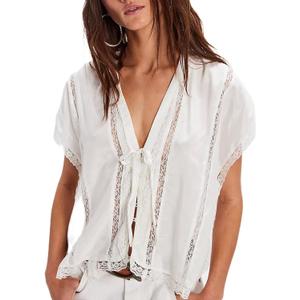 Women Y2k Sheer Lace Trim Button Up Tank Tops Cute Front Tie Up V Neck Going Out Blouse Shirts Vest Summer (White, L)