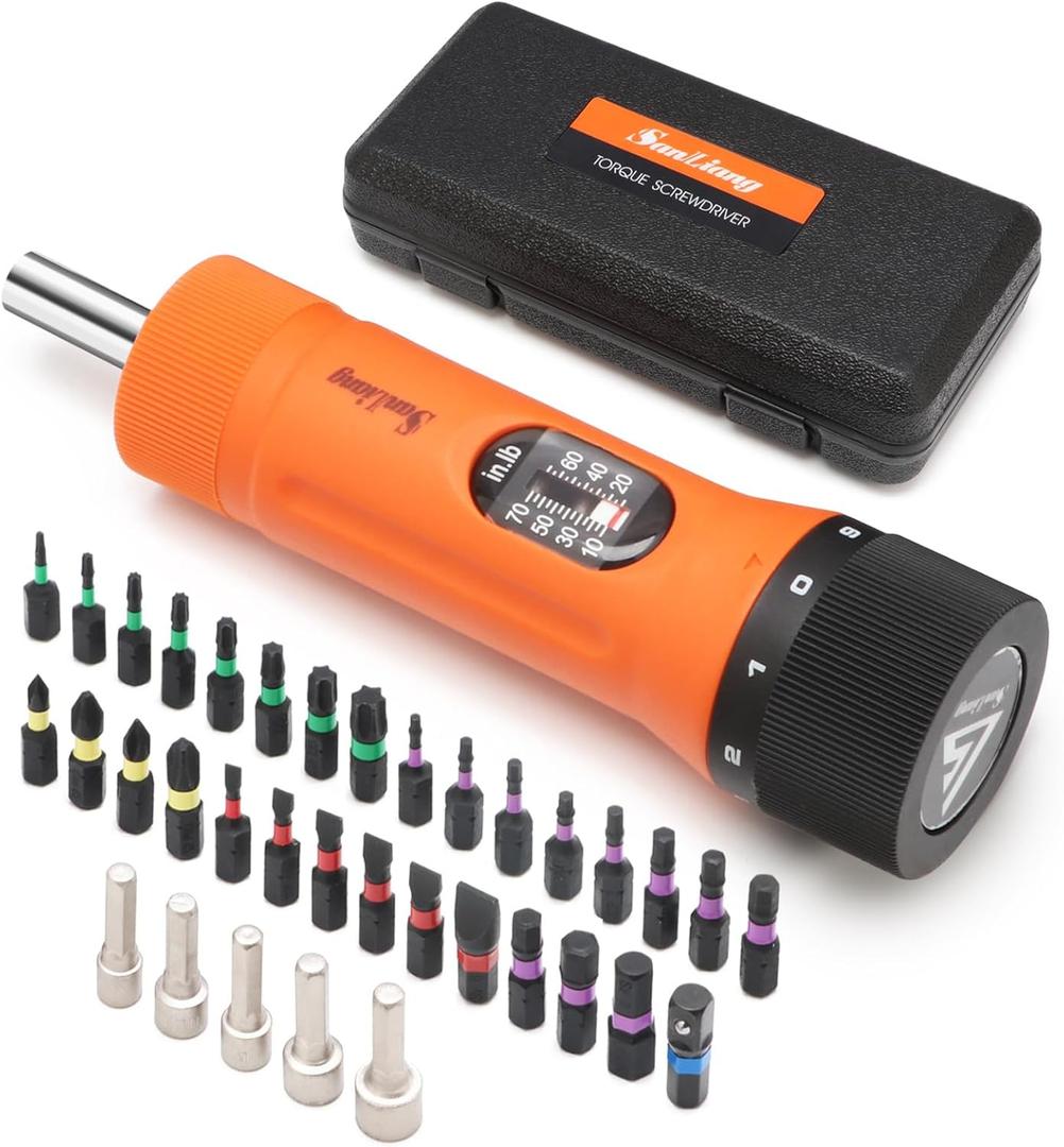 Sanliang 36Pcs Torque Screwdriver Wrench Driver Set 10-70 Inch Pounds lbs with 29 S2 Bits5 Drive Sockets 1/4" Socket Adapter for Maintenance,Tools, Bike Repairing and Mounting.