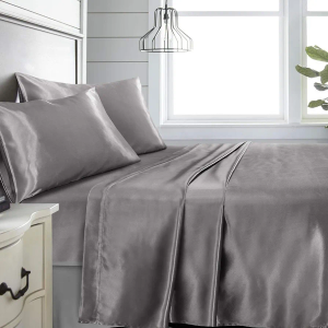 Niagara Sleep Solution King Grey Bed Sheet Set 4 Pieces Silky Smooth Bridal Satin Deep Pocket Fitted, Flat, 2 Pillow Cases Wrinkle Stain, Fade Resistant (Grey Satin, King)