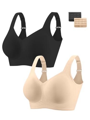 KeepMyself Women's 2 Pieces Wireless Push Up Bra for Older Women, Full Coverage Seamless Supportive Back Smoothing T-Shirt Bra L