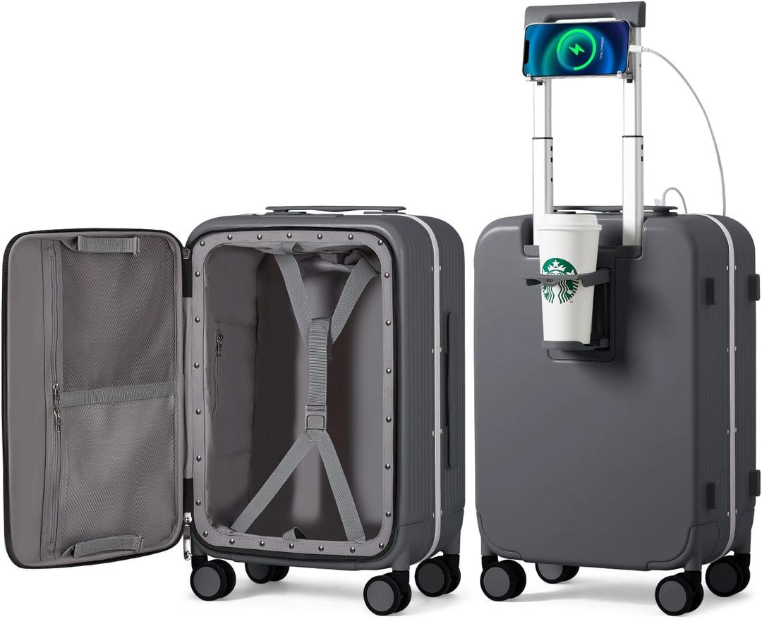 Mixi Carry On Luggage with Cup Phone Holder and Charger Hard Shell Suitcases with Spinner Wheels,20 Inch Rock Gray
