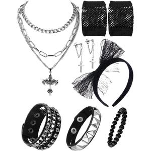 Ecation 7 Pcs 80s Women Costume Accessories Halloween Leather Punk Bracelet Black Cross Necklace Lace Headband Fishnet Glove
