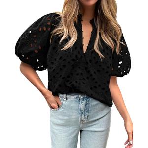 BTFBM Womens Blouses Summer Hollow Out Eyelet Embroidery Tops V Neck Buttons Puff Sleeve Boho Shirts Spring Fashion 2026 (Black, XL)