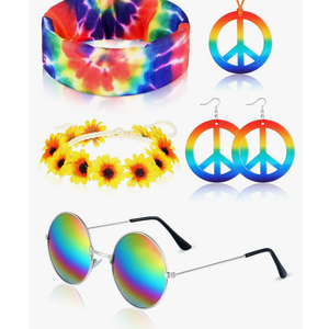 5 Pieces Hippie Costume Set Glasses Headband Peace Sign Earrings Necklaces Tie Dye Bandana Hippie Accessories for 60s 70s