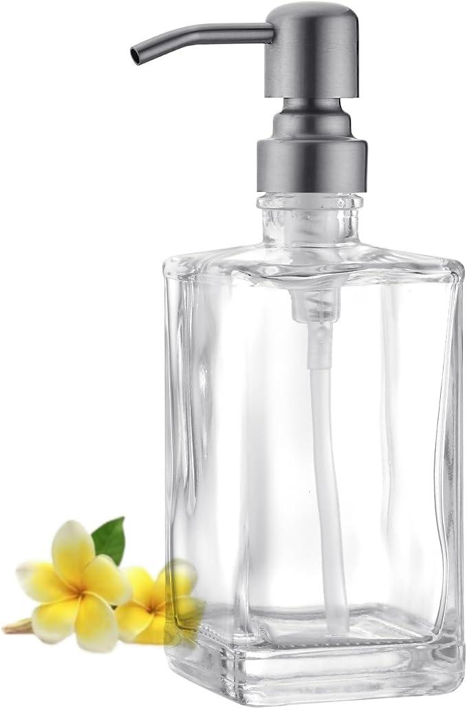 BZOOSIU Glass Soap Dispenser with Rust Proof Stainless Steel Pump, Refillable Kitchen & Bathroom Countertop Dish Soap Dispenser for Essential Oils, Lotions, Liquid Soaps, Brushed Nickel