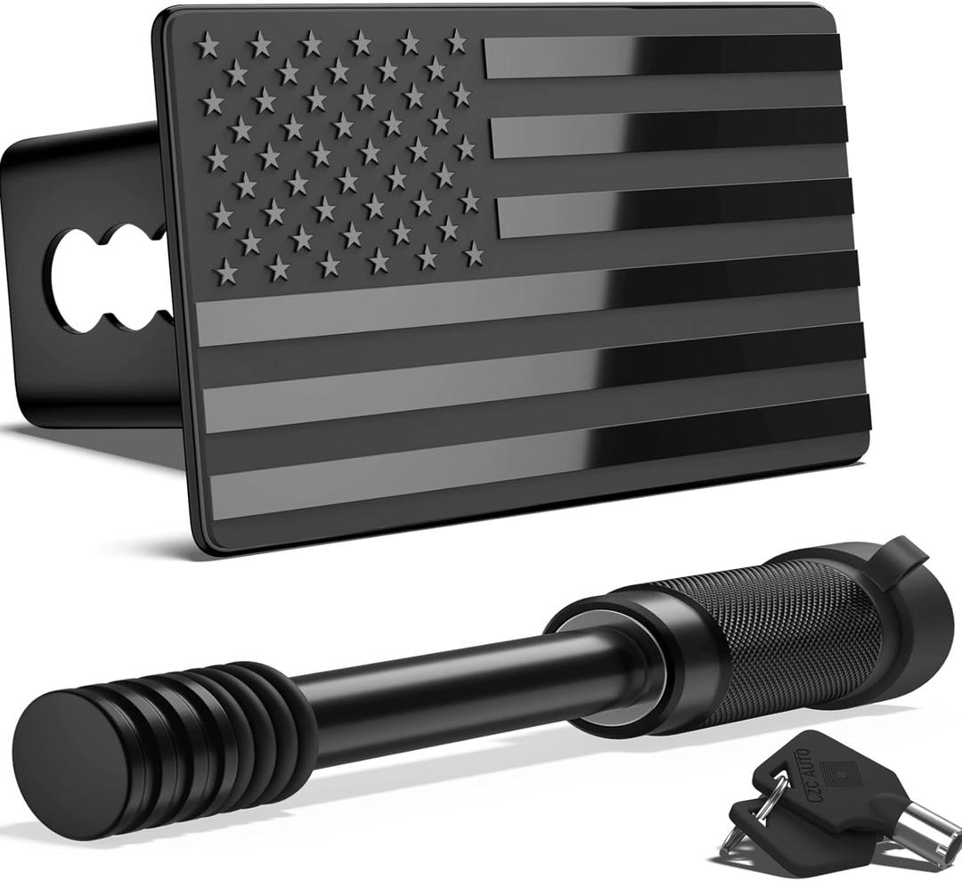 OGYE Heavy American Flag Metal Trailer Hitch Cover Fit for 2" Hitch Receivers (with 5/8" Pin Dia Anti-Theft Trailer Hitch Lock),3 * 5" Black