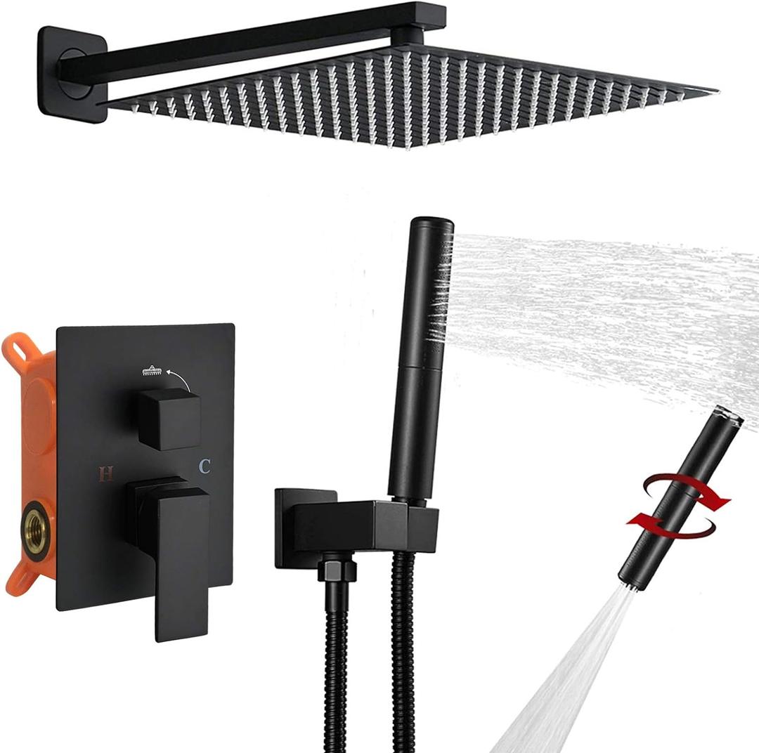 BESy Shower System with 12 Inch Rain Shower Head and Handheld Wall Mounted, High Pressure Rainfall Shower Faucet Fixture Combo Set with 2 in 1 Handheld Showerhead for Bathroom, Matte Black