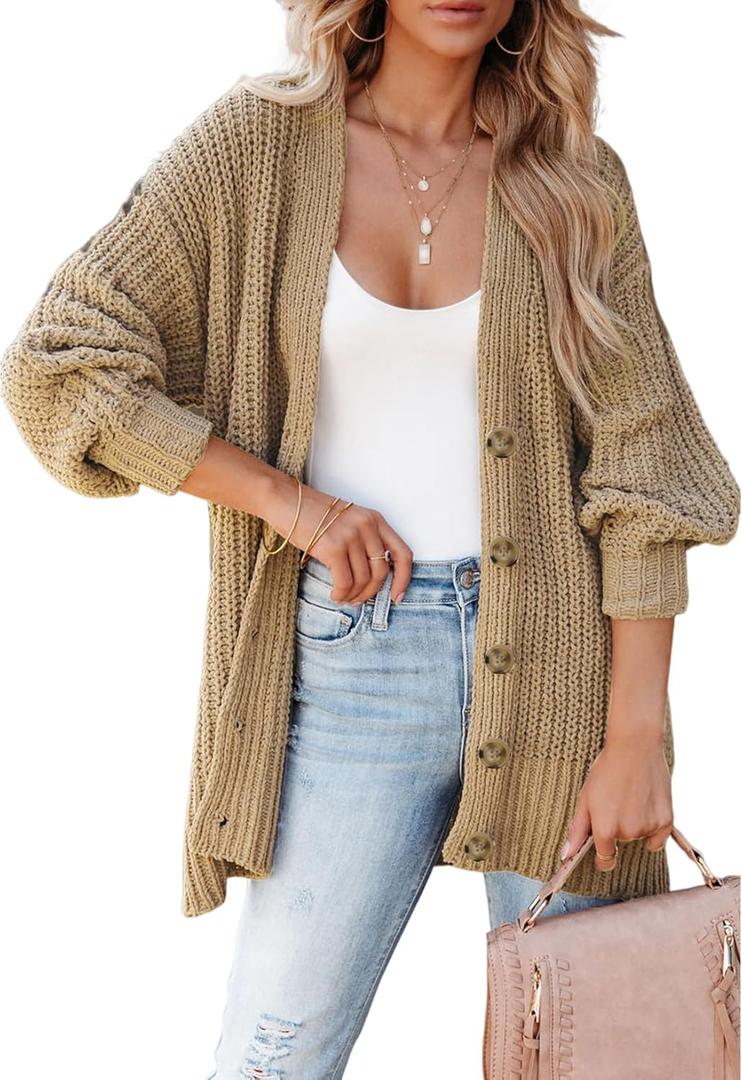 SHEWIN Womens Oversized Long Cardigan Sweaters Open Front Button Long Lantern Sleeve Knit Chunky Sweater Outerwear Coats (Small)