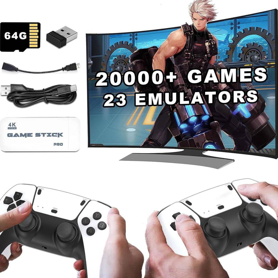 CWZZ Wireless Retro Game Console,4K HDMI Output Plug and Play Retro Video Games for Tv,20,000+ Games,with Dual 2.4G Wireless Controllers(64G),Great for Easter Gifts,White