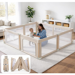 Foldable Baby Playpen with Mat, Foldable Baby Fence Play Yards for Babies and Toddlers, Play Pen with Breathable Mesh Anti-Fall Pads Storage Bag and 2 Pull up Rings (71"×59")