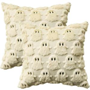 AVOIN colorlife Halloween Ghost Beige Throw Pillow Cover Set of 2, 18 x 18 Inch Soft Plush Faux Fur Jacquard Spooky Cushion Case Decoration for Sofa Couch