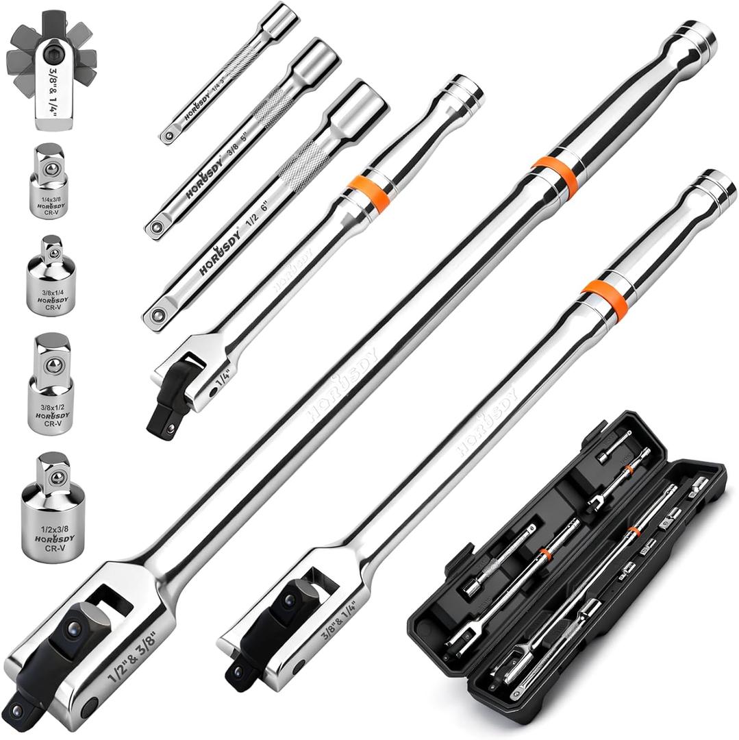 HORUSDY 10-Piece Dual-Drive Breaker Bar Set, Heavy-Duty Torque Kit with 360 Rotatable Head, Premium Cr-V Steel, Spring-loaded Detent Ball, Extension Bars & Socket Adapters, Durable Storage Case