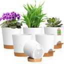 4 inch Self Watering Pots for Indoor Outdoor Plants, 6 Pack Plastic Flower Planters with Drainage Holes and Removable Saucers, Plant Pots with Wicking Rope, Modern Decor, White Brown