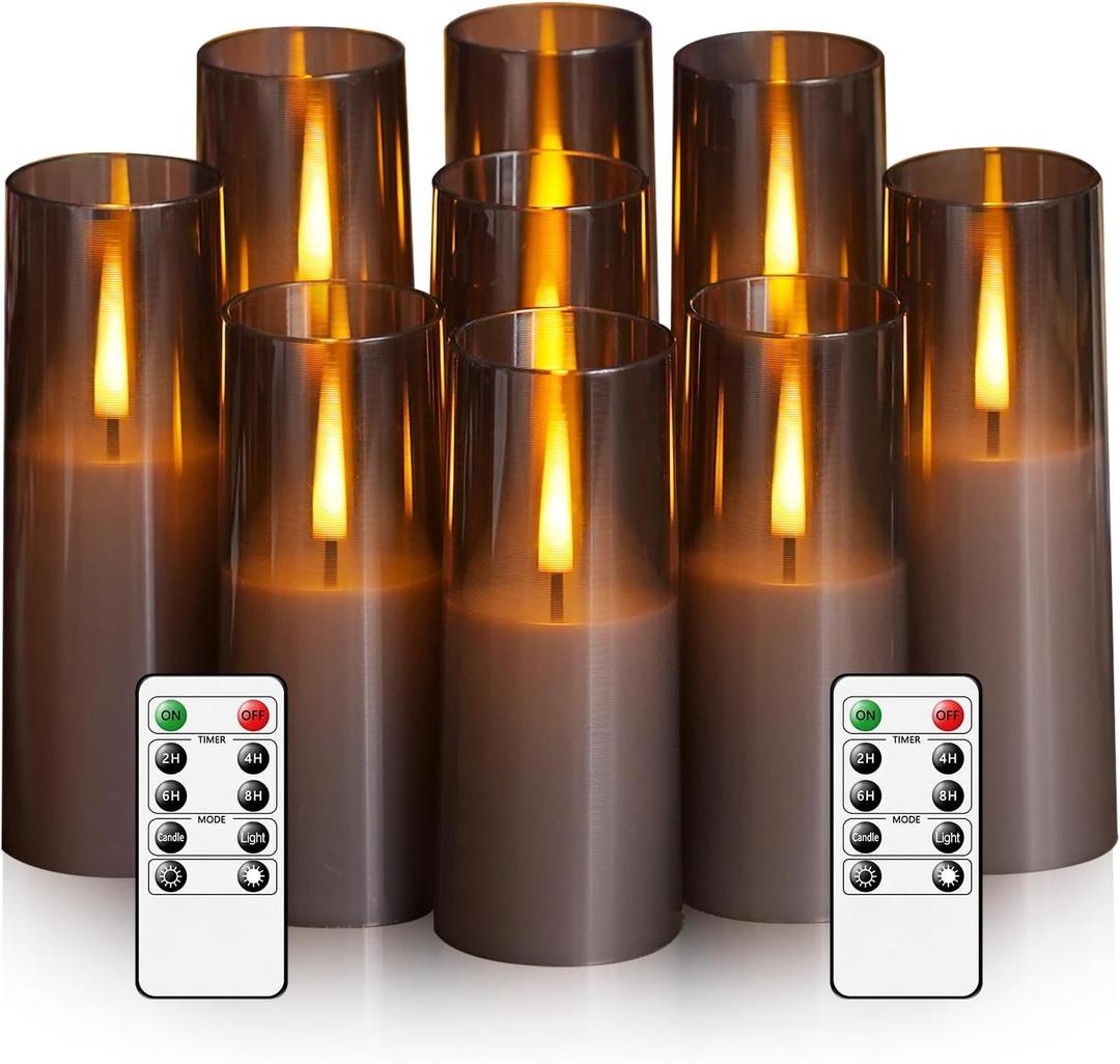 Flickering Flameless Candles,Battery Operated, Flameless Candles with Remote, 2/4/6/8 Hour Timer, Realistic Jumping Flame Effect, Perfect for Home Decor, Holiday Decoration Pcs 9 (Grey)